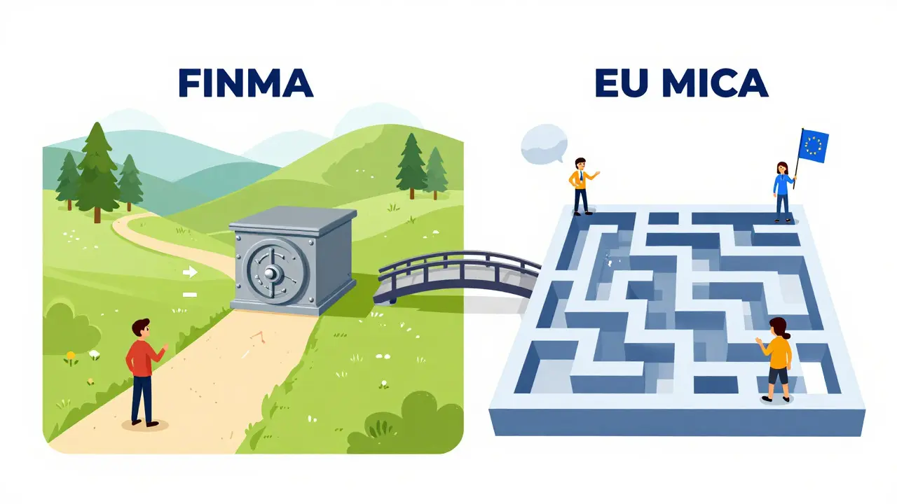 Grafischer Vergleich der klaren Schweizer Regulierung und der komplexeren EU-MiCA-Rahmenbedingungen