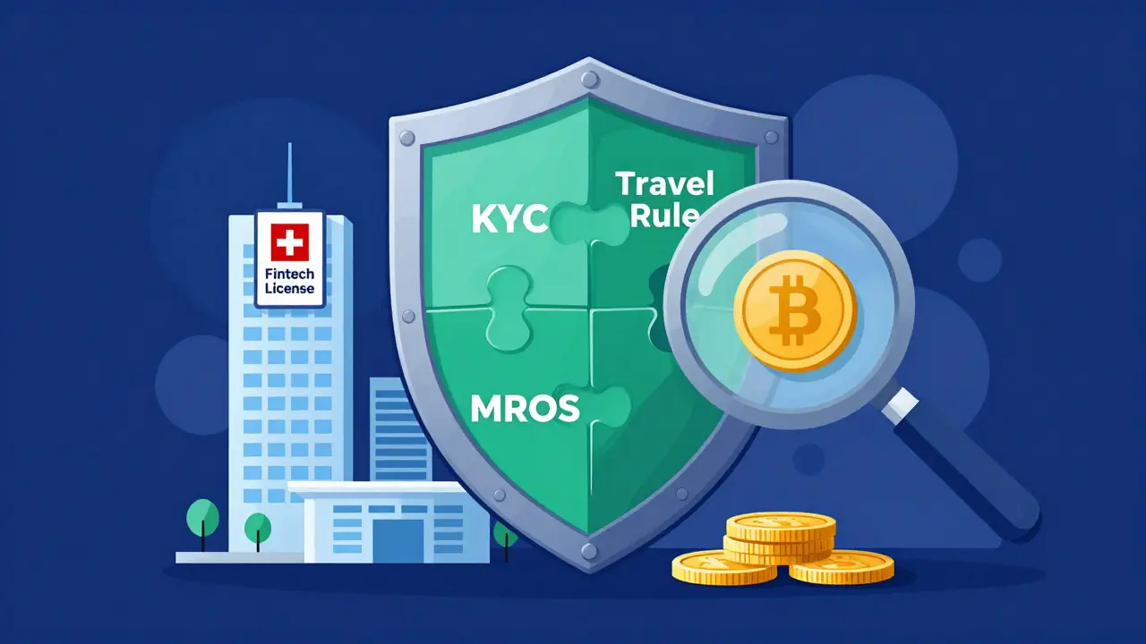 Illustration eines Schutzschildes aus Compliance-Symbolen wie KYC und Travel Rule vor einem Startup