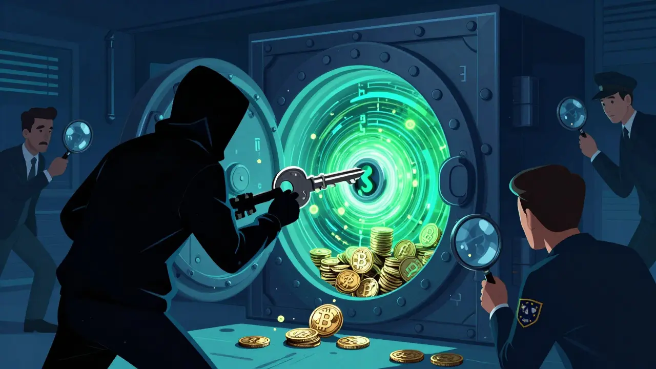 Karikatur eines nordkoreanischen Hackers, der Kryptowährungen aus einem Tresor stiehlt
