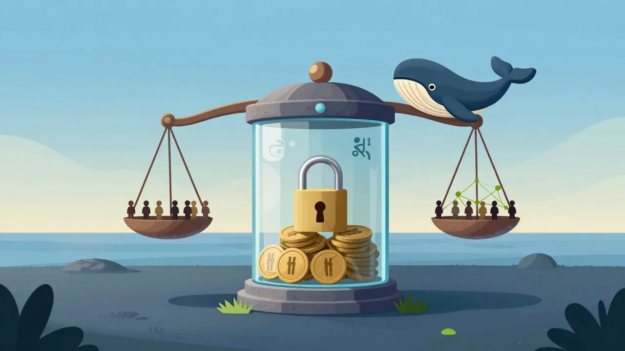 Kartone Metapher für strategische Token-Strukturen, Lock-ups und Community-Balance