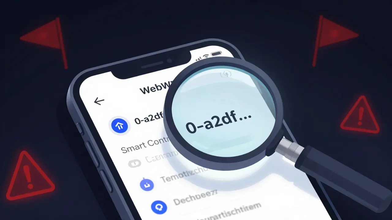 Smartphone-Display mit Wallet-Adresse und Warnsymbolen