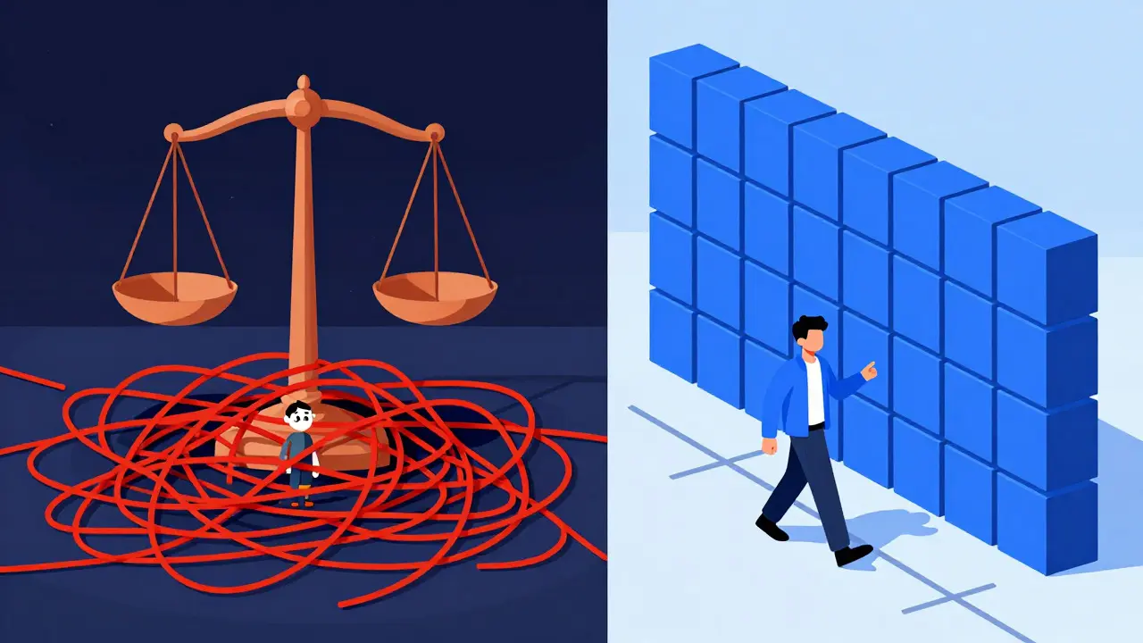 Split view comparing the chaotic US regulatory web with the structured EU MiCA compliance grid.