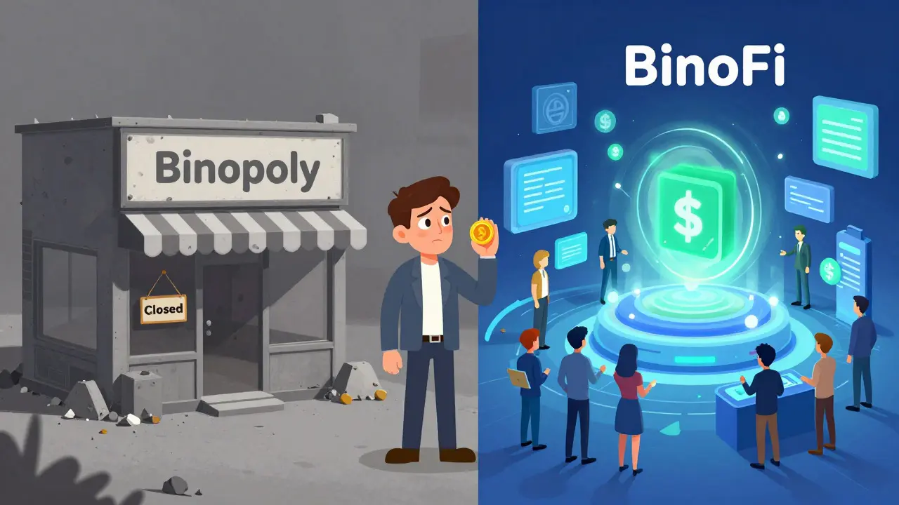 Vergleich der Projekte Binopoly und BinoFi im Cartoon-Stil