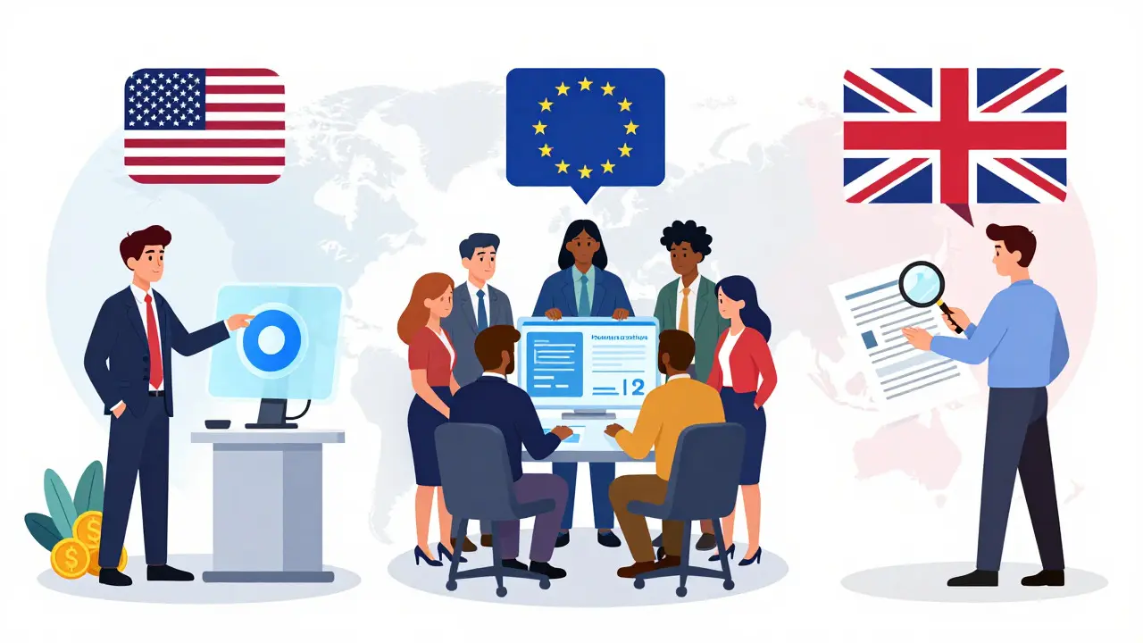Vergleich regulatorischer Ansätze in den USA, der EU und dem UK in Karikaturform