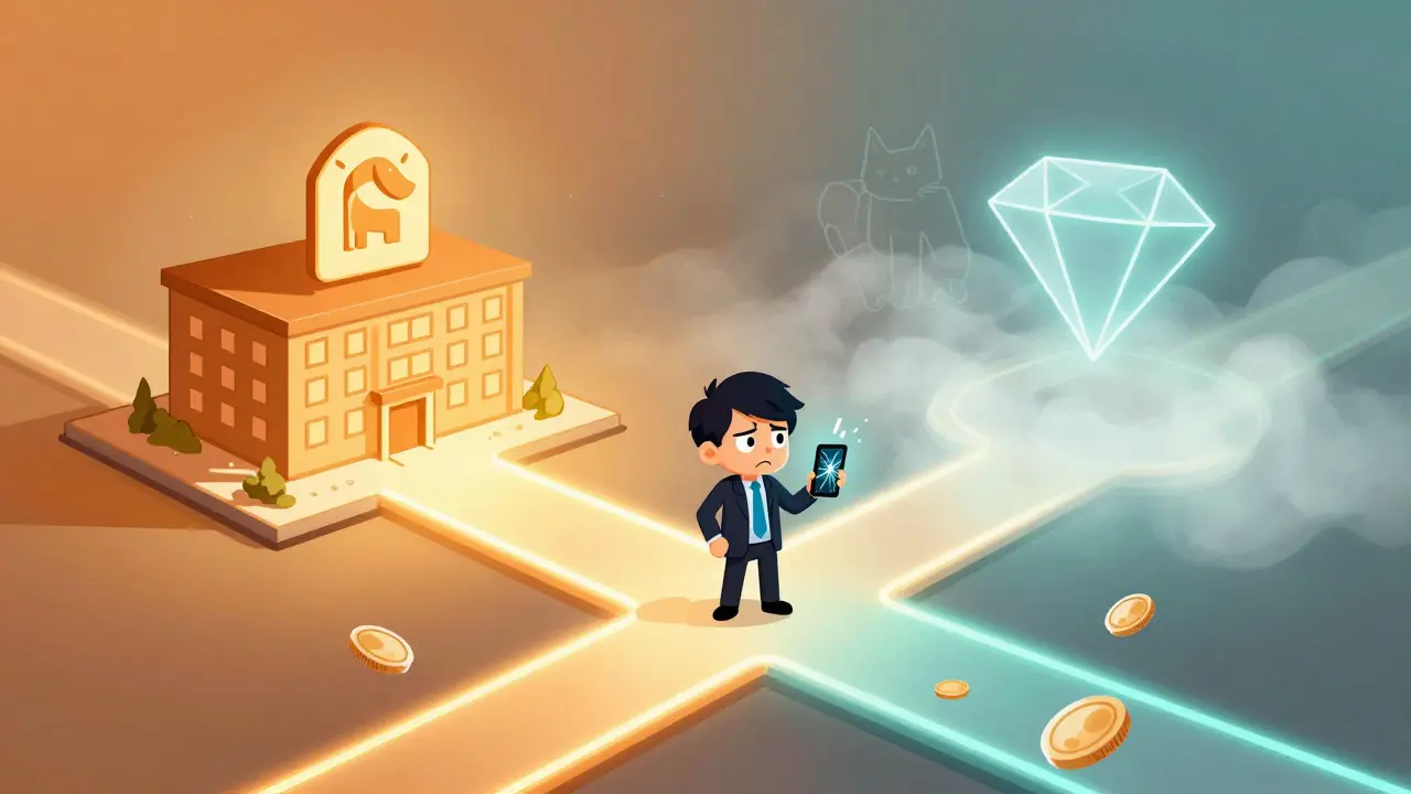 Verwirrter Investor an einem Kreuzweg aus Blockchain-Pfaden im Cartoon-Stil