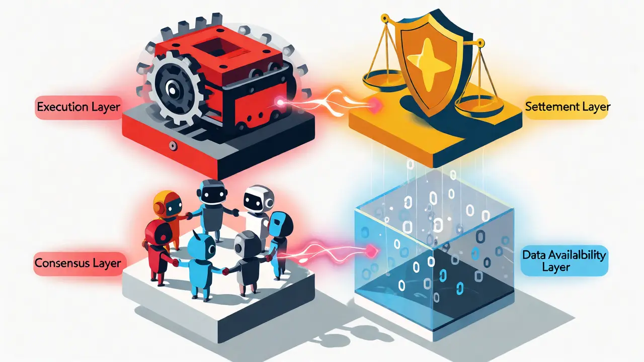 Aufgelöste Ansicht der vier modularen Blockchain-Schichten in Cartoon-Stil