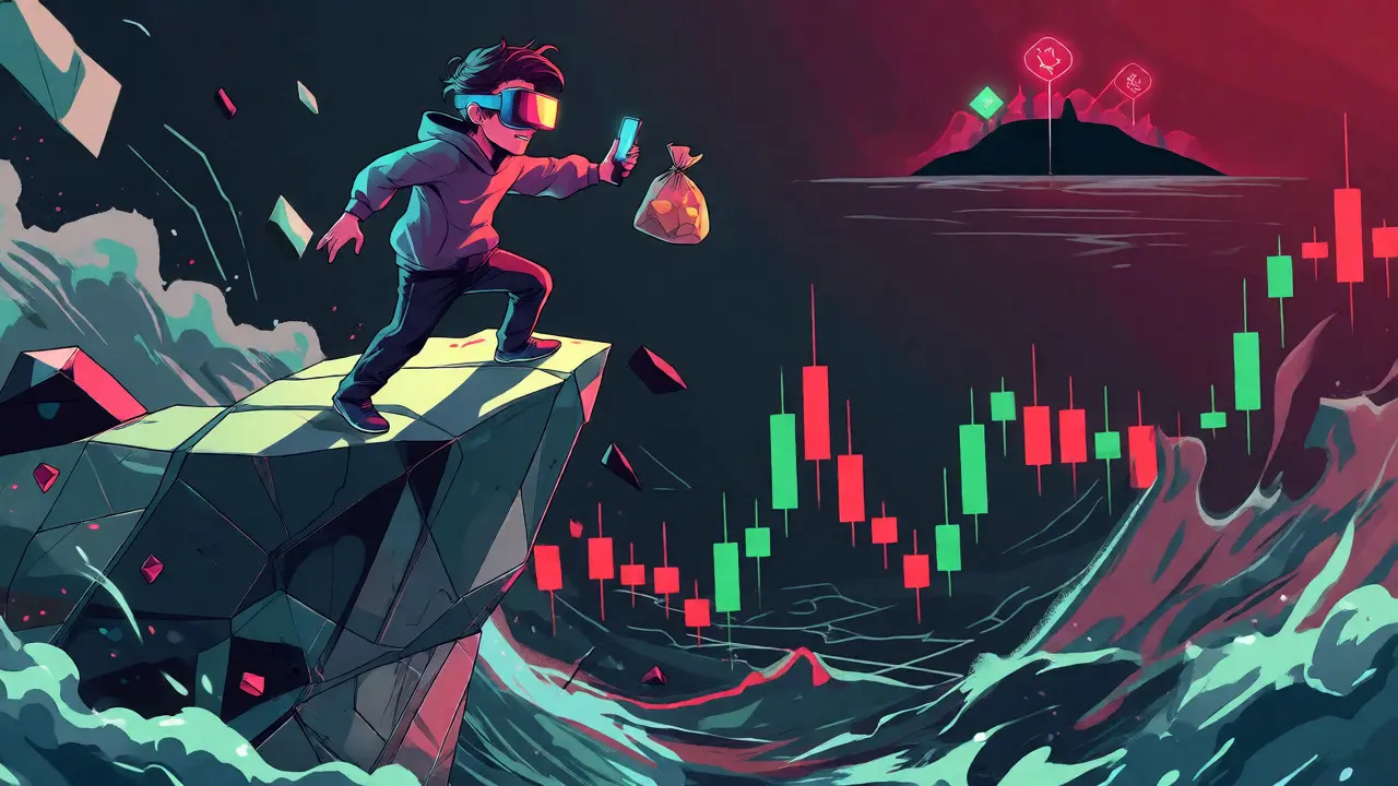Ein Cartoon-Trader wagt einen riskanten Sprung über ein Meer aus volatilen Kursdiagrammen.