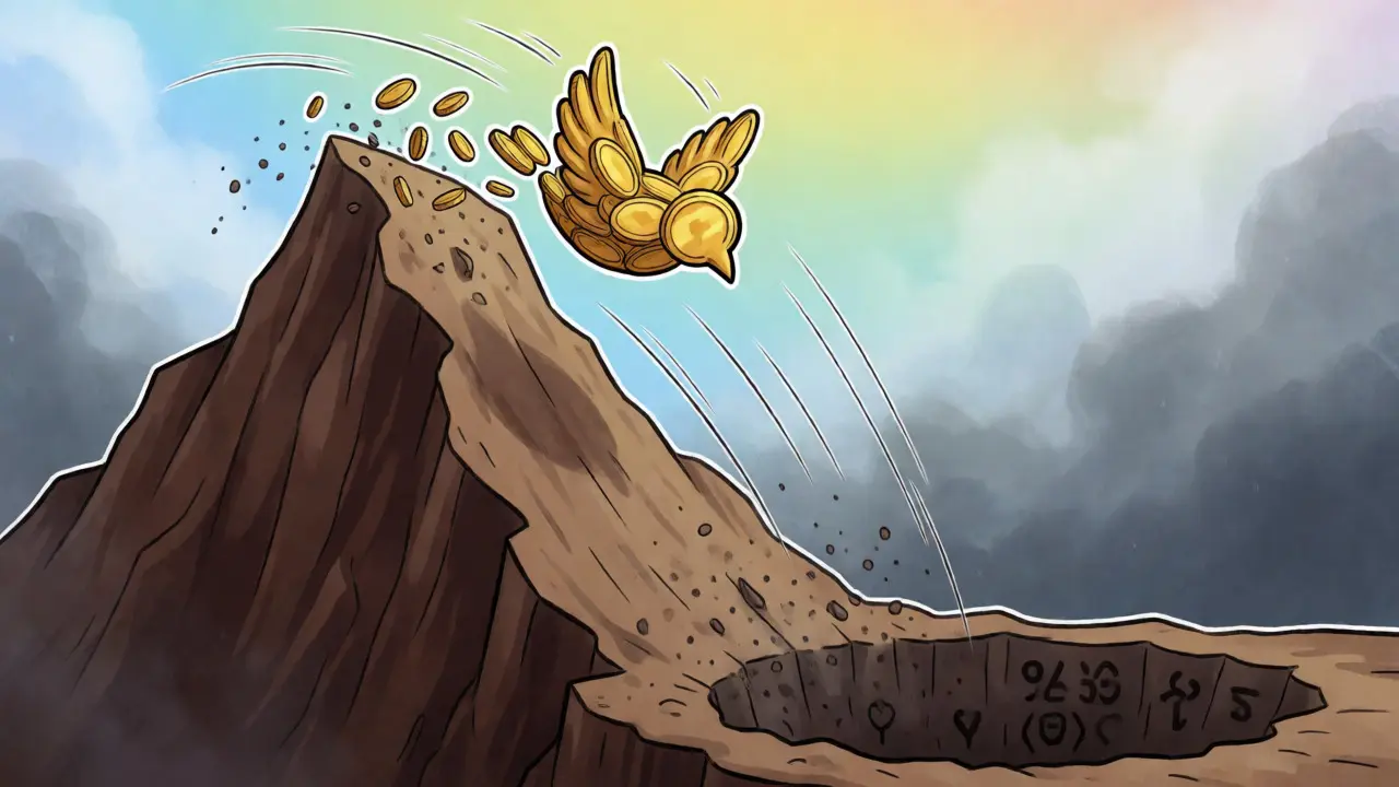 Ein goldener Vogel fällt von einer Klippe und zerbröselt zu Staub, was den Wertverfall symbolisiert.