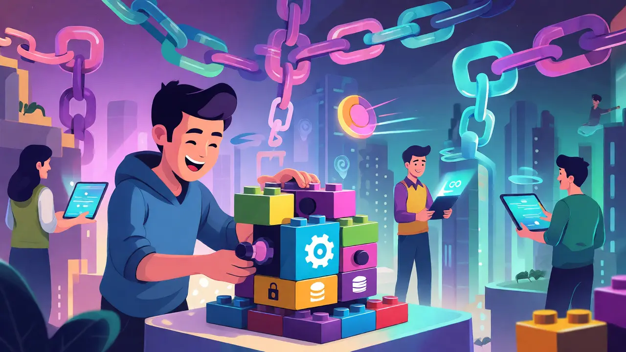 Entwickler baut modulare Blockchain-Komponenten zusammen in futuristischer Szene