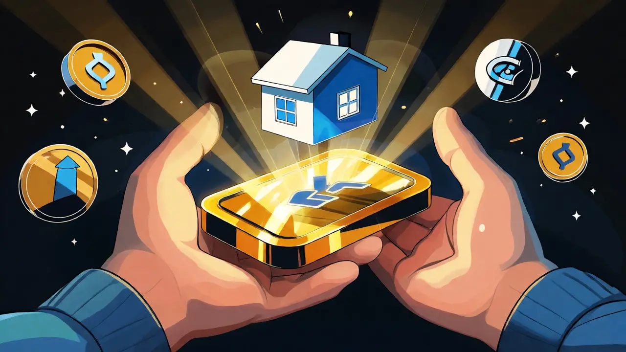 Illustration eines leuchtenden Landlord-NFT-Tokens, das über einem virtuellen Hausmodell schwebt und Besitz symbolisiert.