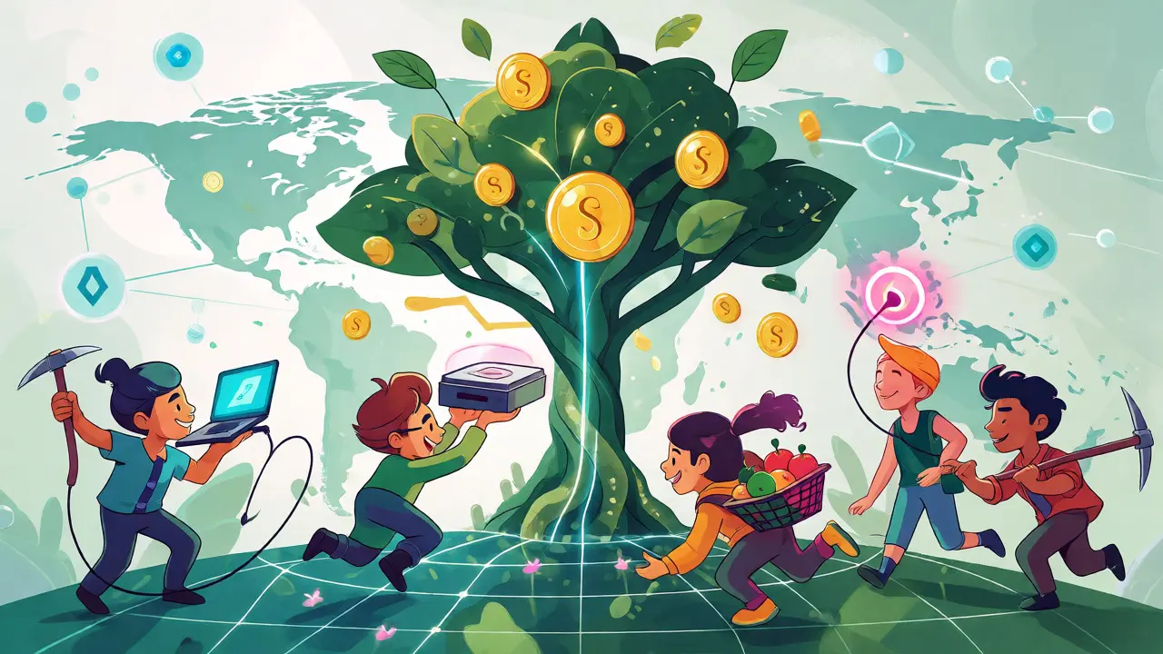 Karikatur der SAFE-Network-Farming-Mechanik mit Ressourcen