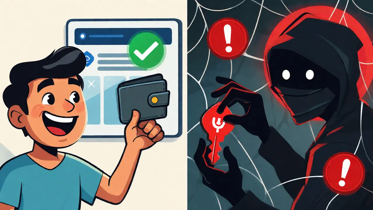 Karikaturartiger Vergleich zwischen sicherer Wallet-Verbindung und gefährlichen Phishing-Angriffen im Krypto-Bereich.
