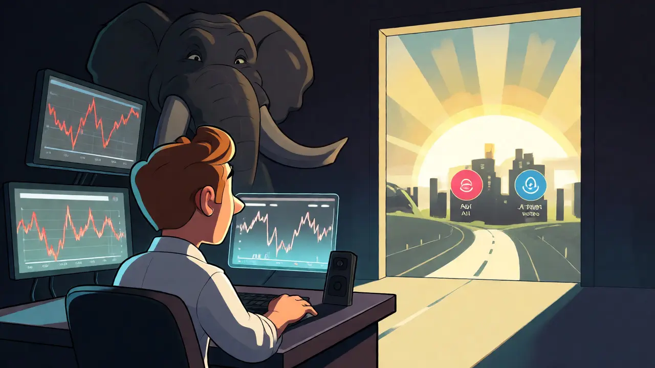 Konzeptbild eines Investors, der Risiken und Chancen des MOXIE-Tokens betrachtet.
