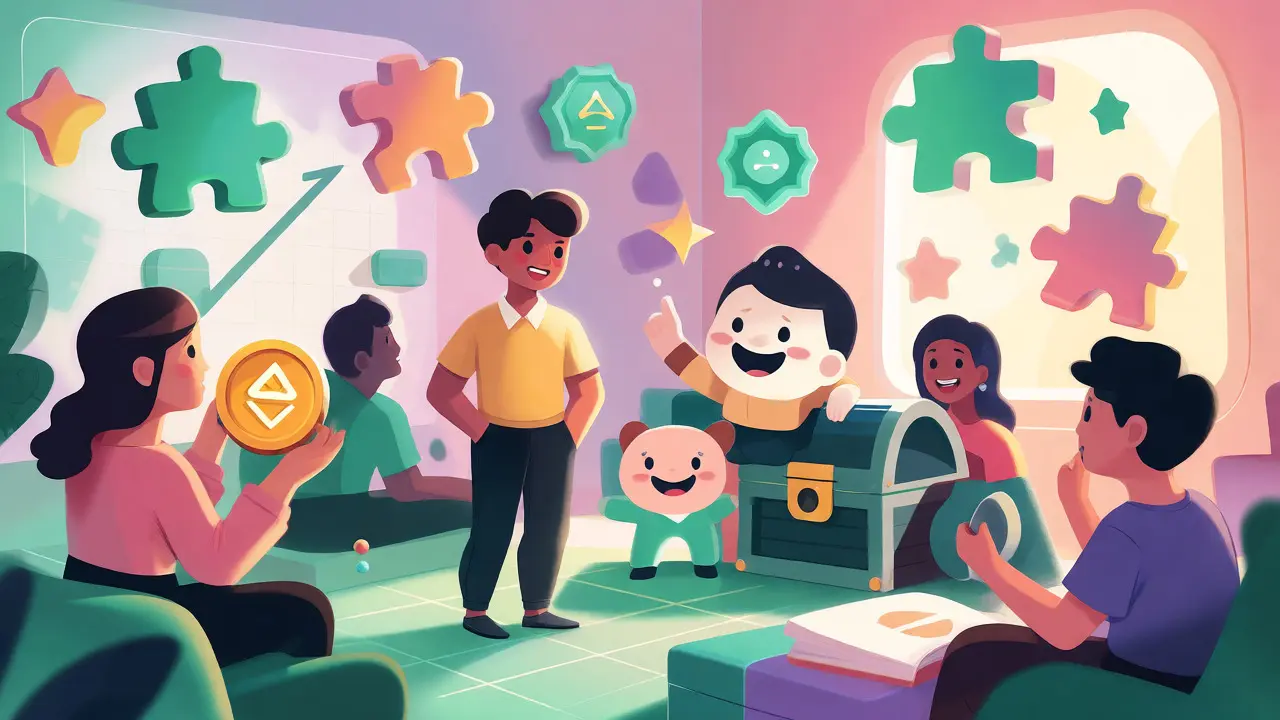 Avatare lernen spielerisch über Krypto-Investitionen in einer virtuellen Umgebung.