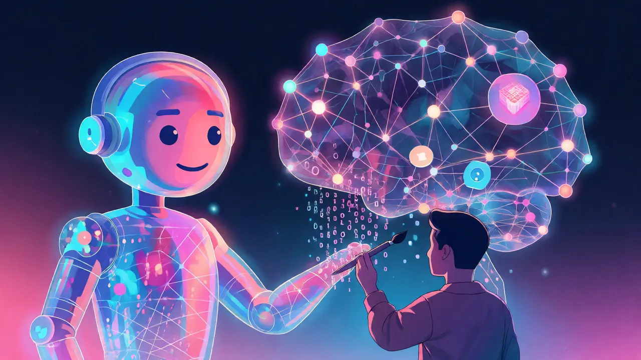 Eine KI-generierte digitale Figur interagiert mit einem menschlichen Künstler.