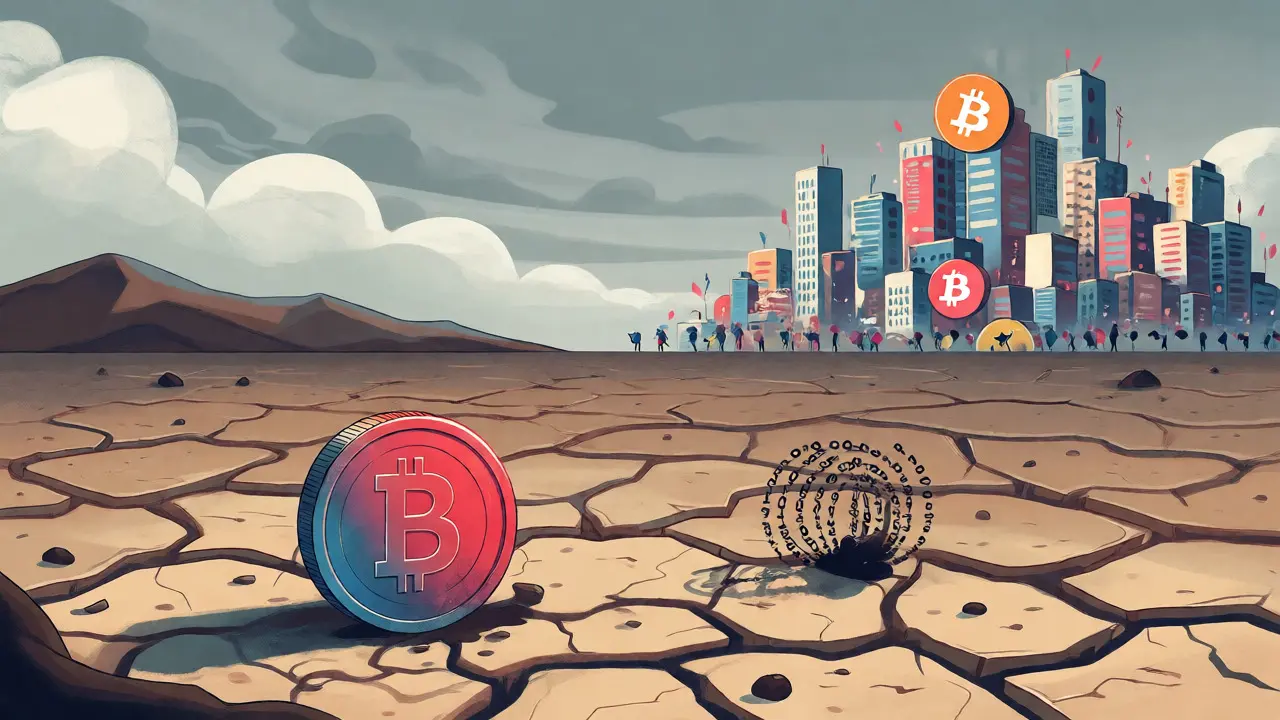 Einsamer Coin in einer trockenen Landschaft neben großen Krypto-Städten
