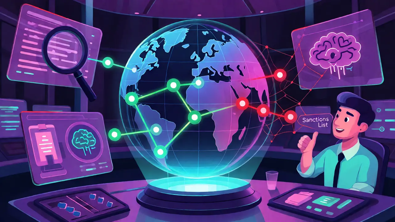 Futuristische Darstellung von Blockchain-Analytics als Herzstück der AML-Compliance-Überwachung.