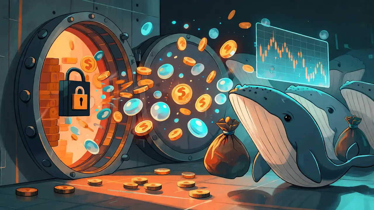 Illustration von Vesting-Schedules: Ein Safe öffnet sich und setzt Token frei, während Wale den Kurs beobachten.