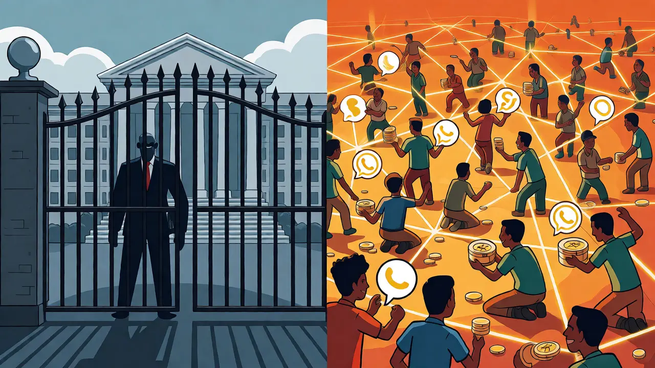 Illustration zeigt den Kontrast zwischen zentraler Bankkontrolle und lebendigem P2P-Netzwerk