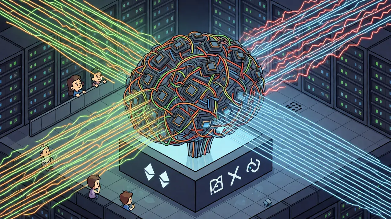Isometrische Darstellung des Pathfinder Cores als neuronales Netzwerk über Blockchains.