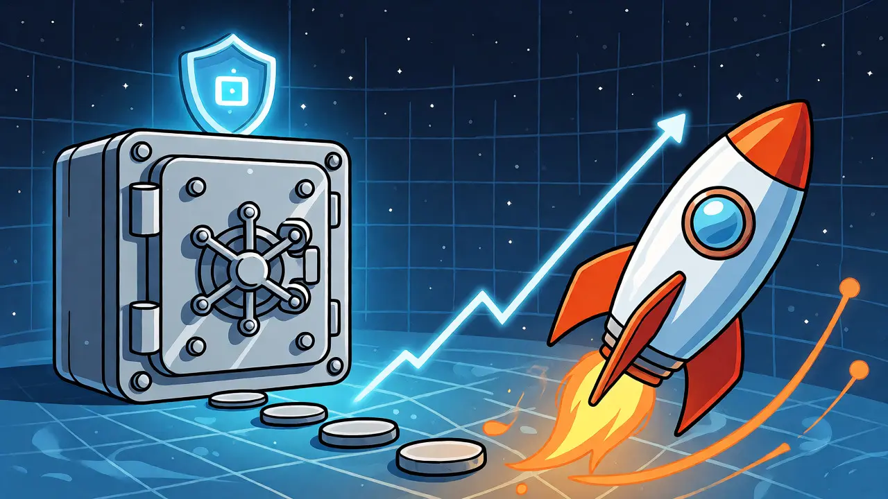 Konzeptdarstellung von sicherer Wallet-Verwahrung und steigendem Token-Wert.