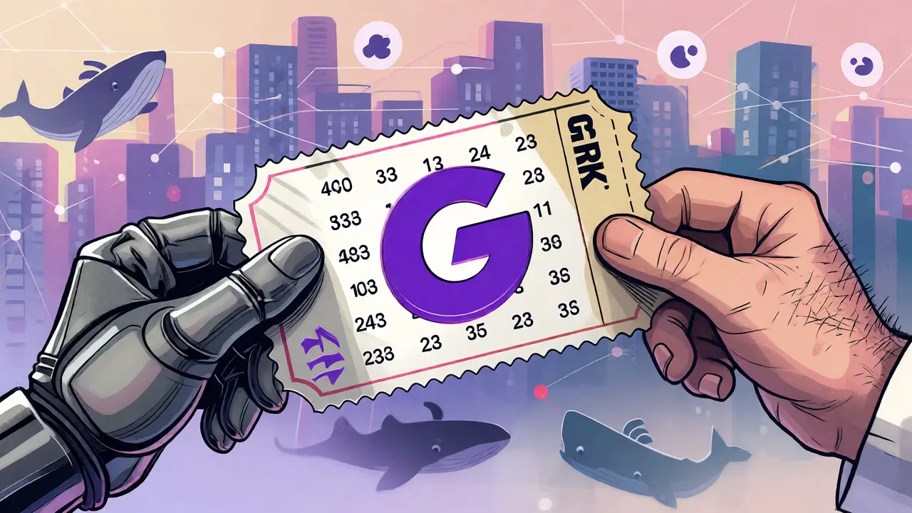 Konzeptillustration eines Lotterieloses mit GORK-Maskottchen und risikoreichen Investoren