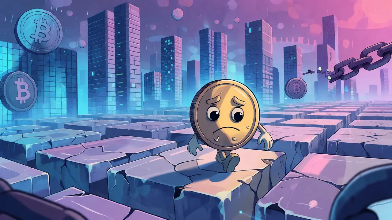 Sad cartoon coin wandering through an empty, decaying digital landscape.