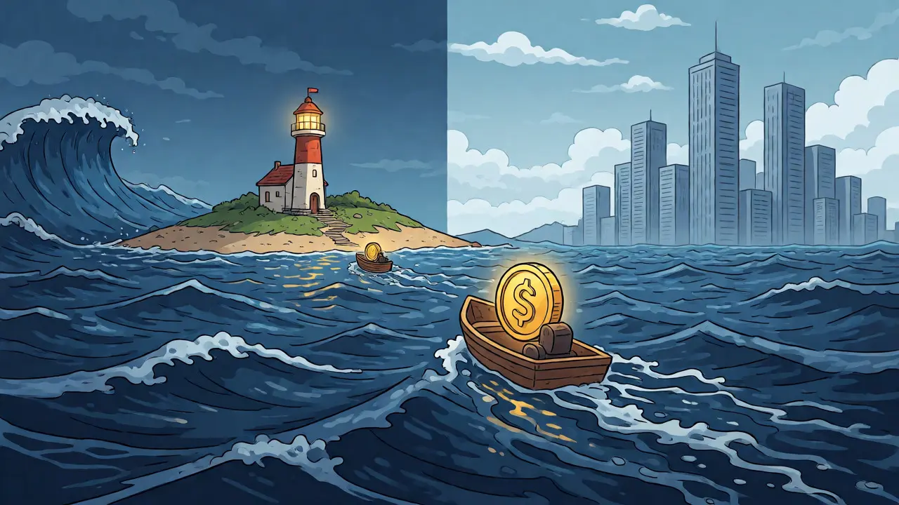 Szenische Darstellung von Hera Finance als kleine Insel im weiten Krypto-Markt-Ozean.