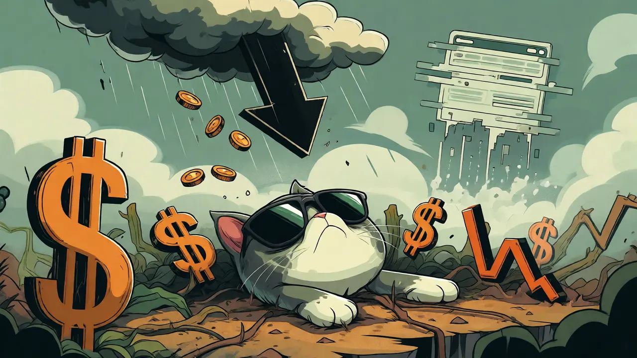 Tired cartoon cat lying on a barren island under a downward trend rain.