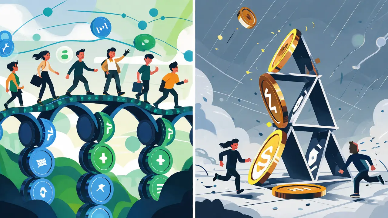 Vergleich zwischen stabilen Utility-Token als Brücke und spekulativen Token als instabiles Kartenhaus.